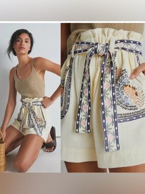 NWT Anthropologie Embroidered Beaded High-Waist Shorts with Floral Tie Belt